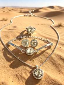 4pcs Set Of Fashionable Rhinestone Encrusted Round Jewelry Set, Suitable For Women's Daily Wear, Holidays, Weddings, Celebrations, And Gift Giving - Silver - View 9