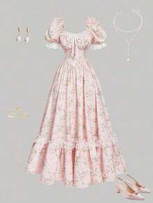 MOD Vestido floral victoriano con volantes de encaje blanco, vestido de fiesta, vestido de gala - Rosa 2 - Ver 2