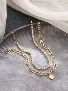 2pcs/Set Luxury Delicate Heart Pendant Bracelets, Rhinestone Chain Bracelet Set For Women - Yellow Gold - View 6