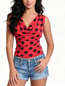 Polka Dot Cowl Neck Sleeveless Top Fitted Ruched Y2K Retro Summer Tank Blouse - Red - View 2