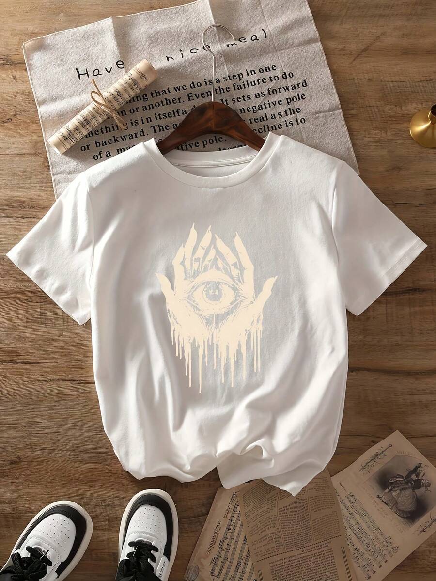 Camiseta unisex de manga corta, oscura Misterioso Ojo Gráfico Imprimir Camiseta Corto Manga Tripulación Cuello Informal Superior para Verano Y Primavera Mujeres Playeras de ropa hombre, , ,  mujer,romwe hombres, boho chic,maestras regalos,camiseta para conjuntos de mujer con curvas para mu,y2k, - Blanco - Ver 1