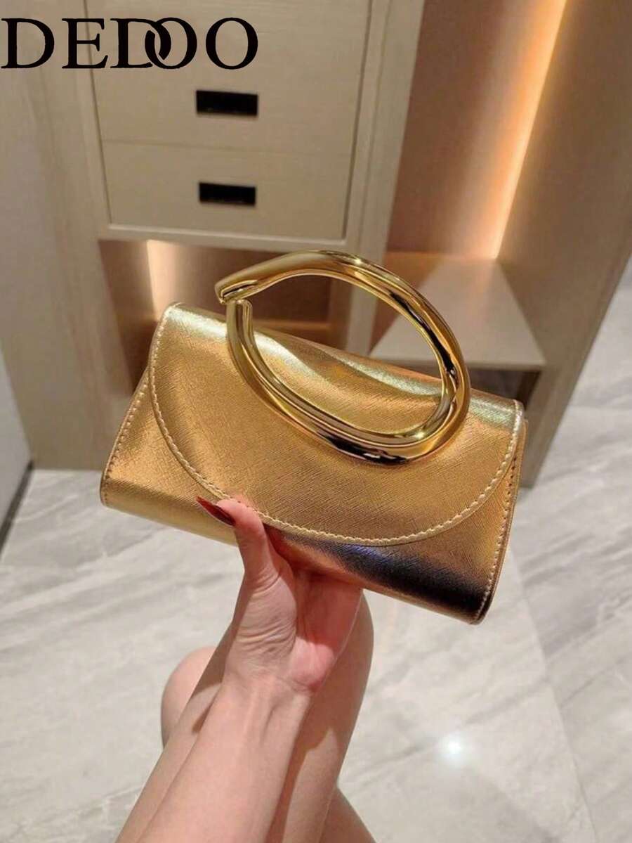 Dedoo 1个时尚金属装饰迷你手拿包，优雅闪亮金属条点缀女士手提包，适合晚礼服、派对、婚礼、舞会等场合，配有金属链