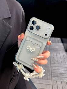 Funda de teléfono transparente con lazo de perlas 3D y soporte para tarjetas, cubierta protectora anti-caídas y anti-arañazos, apta para iPhone 17 Pro Max, 17/16/15/14/13/12/11, Serie S20-S25, Serie Note 14/13/12, A56 5G - transparente - Ver 1