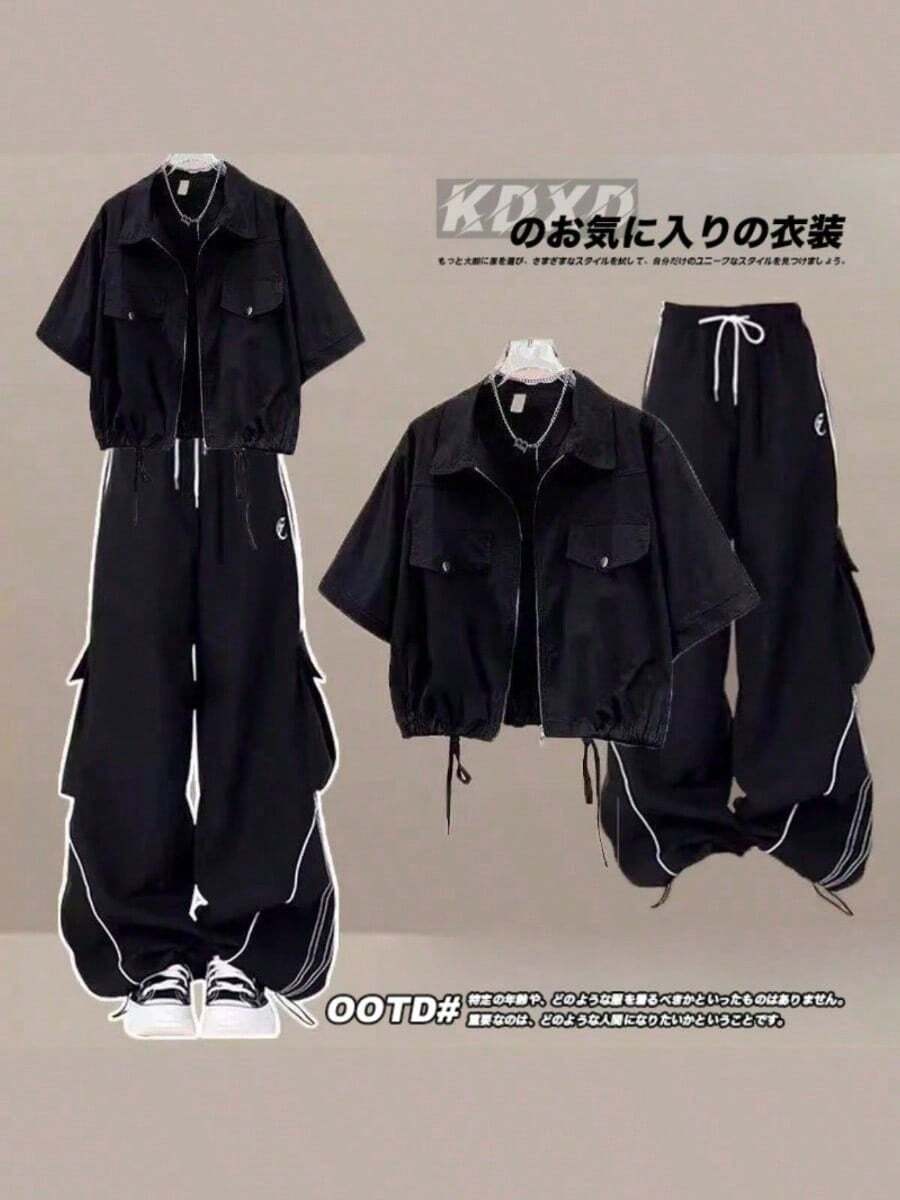 Women Two-Piece Outfits - Black Short-sleeved Shirt + Black Cargo Pants - View 1