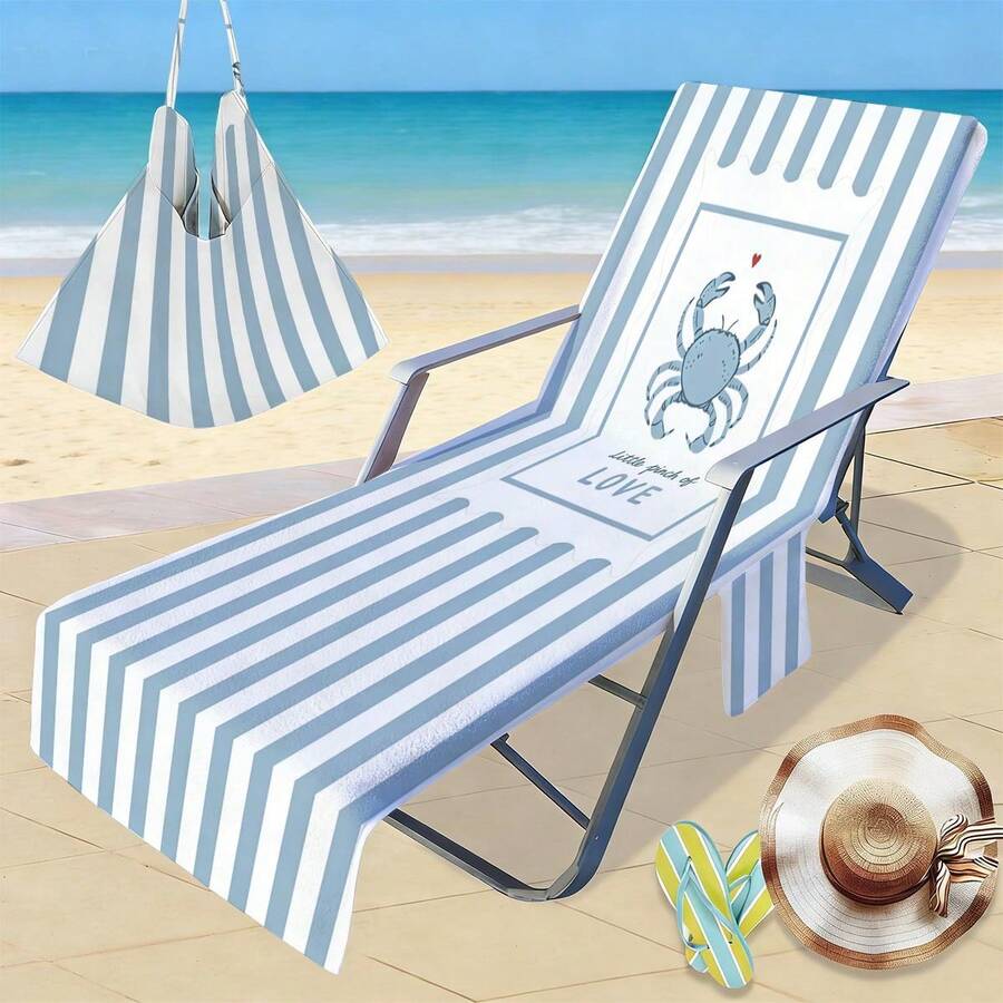 1件 210x75cm 藍白條紋螃蟹設計沙灘椅套,吸水快乾輕量毛巾附口袋,適用於泳池、沙灘、露營和野餐,沙灘毯,現代沙灘毛巾,耐用沙灘墊 - 藍白條紋螃蟹 - 查看 1