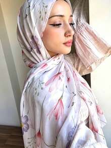 1pc Women's Watercolor Floral Print Wide-Edged Hijab Scarf, Lightweight Breathable Soft Printed Hijab Shawl, Elegant Versatile Daily Headscarf, Suitable For All Seasons - Multicolor - View 1