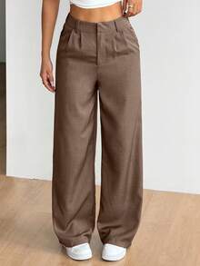 SMILE CHIC PETITE Back To School Vintage High-Waisted Suit Pants, Lightweight Breathable Loose Fit Slimming Straight Leg Trousers, Versatile For Spring/Summer Commute & Casual Wear - Coffee Brown - View 6