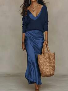 Slip Maxi Dress & V-Neck Knit Sweater Outfit, Elegant Casual Matching - 藍色 - 查看 1
