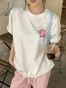 新款夏季 Y2K 風格趣味卡通小雞印花圓領短袖 T 恤 女孩休閒款 - 淺花灰 - 查看 9