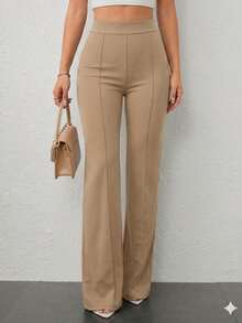 Pantalón Wide  Elegante Con Pinzas Frontales Y Tiro Alto - Pantalón De Vestir  Para Mujer POLIESTER . Pantalón Sastre De Cintura Alta Que Estiliza La Figura.. - Beis - Ver 3