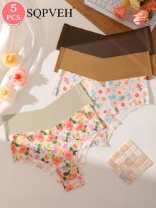 SQPVEH 5pcs/Pack Women's Solid Color & Printed Seamless Comfortable Briefs - Multicolor - View 5