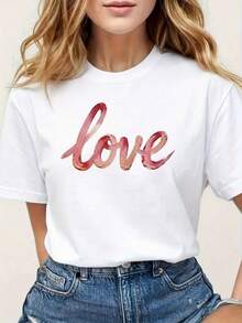 Women's Casual Cotton Love Rhinestone Short Sleeve Round Neck T-Shirt, Regular Fit Medium Stretch Top For Everyday Fashion, Cute And Comfortable Design - White - View 8