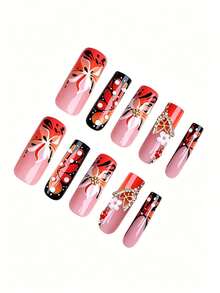 Transform Your Nails With This 24-Piece Set Of Leopard Print French Elegant And Gorgeous 3D Water Drop Vintage Orange Butterfly Floral Gold Bead Decorated Long Square Press-On False Nail Tips, Perfect For Nail Art For Girls And Women's Daily, Outdoor, And Party Gatherings - Multicolor - View 3