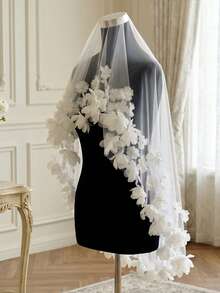 1pc 3D Chiffon Flower Cluster Bridal Veil, Short Wedding Face Covering Veil - Multicolor - View 5