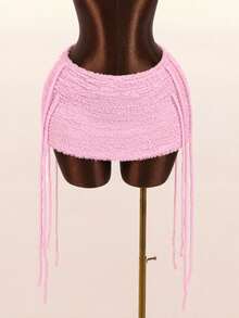 Falda de punto con flecos de unicolor para vacaciones en la playa - Rosa Pálido - Ver 5