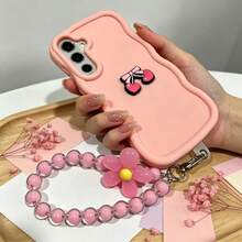 2026 Latest 1 Piece DIY Bow Cherry Macaron Mobile Phone Case With Flower Lanyard, Suitable For Xiaomi/ Galaxy Phones - Pink - View 3
