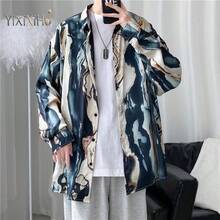 【YIXIXIHO】香港風 シルクサテン 花柄シャツ メンズ ワルかっこいい なめらか ドレープ感 ゆったり 長袖 レトロ 全面プリント オイルペイント柄 シャツ送料無料 - ブルー - チェックする 3