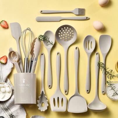 15 Stück/Set antihaftbeschichtetes Silikon Kochgeschirr-Set, hitzebeständiges Kochgeschirr inklusive Spatel, Kelle, Silikon Küchenhelfer für hohe Temperaturen