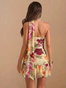 Vestido mini con estampado floral, escote halter y volantes para mujer, vestido floral, vestido de vacaciones, vestido de verano, vestido de playa - Multicolor 2 - Ver 4