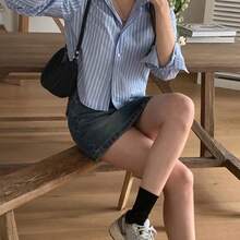 Women's fashion  Camisa de manga larga a rayas ajustada para mujer, azul, ropa de mujer para primavera/otoño, tops cortos para mujer - Azul - Ver 6