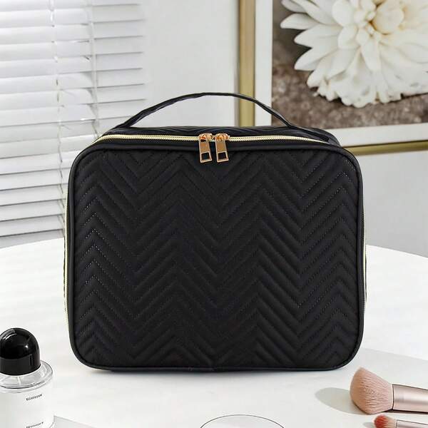 1PC Simple Portable Travel Makeup Brush Storage Bag, Black Quilted Large Capacity Cosmetic Pouch, Lipstick Cushion Brush Organizer Bag With Zipper Closure, Daily Makeup Storage Bag