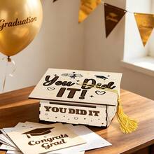 1 pieza Caja de tarjeta de graduación con borla de madera clara - "¡Lo lograste!" Adecuada para almacenamiento de recuerdos de escuela secundaria y universidad, caja de exhibición de diploma con patrón de corazón & estrella, decoración de fiesta de celebración, graduación de múltiples ranuras - Multicolor - Ver 5