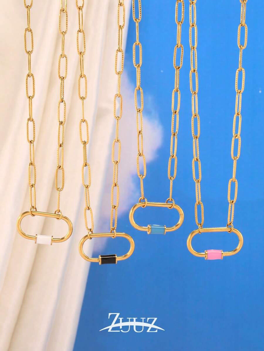 1pc Stainless Steel Colorful Elliptical Buckle Pendant Necklace For Women Fashion Simple 18K Gold Plated Charms Chain Necklace - necklace - View 1
