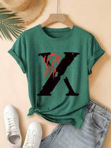 Red Flame Design And Print X Digital Print Short Sleeve Unisex Pure Cotton Loose And Comfortable - Green - View 8
