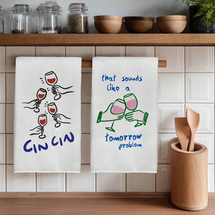 2PCS Kitchen Towels With Hand-Painted Pattern Print, 40*60cm Rectangular Microfiber Kitchen Towels, Dishcloths, Table Cloths, Hand Towels, Kitchen Decor, Housewarming Gift For Neighbors, Kitchen Napkins And Dishcloths, Home Decor - White - View 1