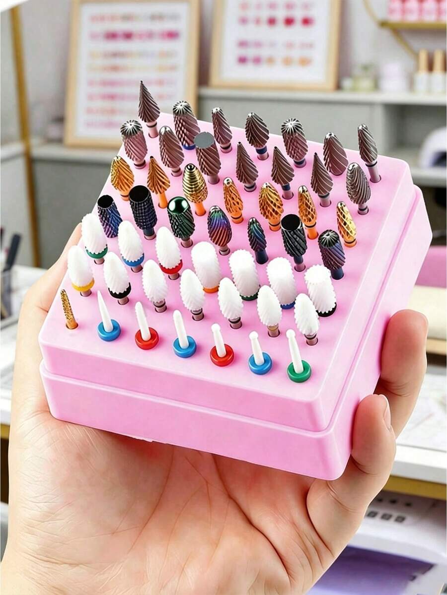 49孔3色鏤空美甲鑽頭收納盒 - 白色、粉色與藍色多尺寸展示架 - 大容量美甲鑽頭收納盒 - 防塵隔層收納盒適用於美甲工具與配件 - 彩色 - 查看 1