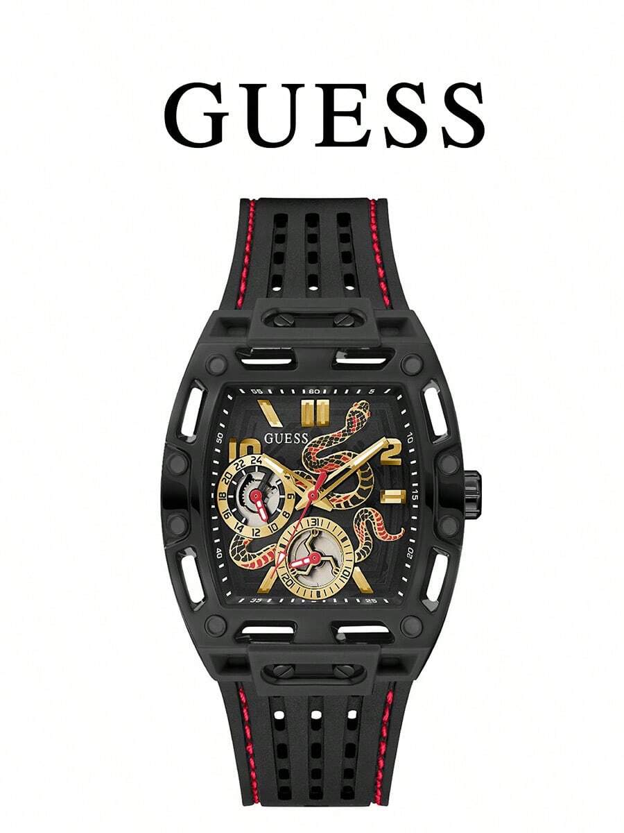 Guess GW0857G1 Jam Tangan Quartz Pria, Tali Silikon Hitam, Dial Skeleton, Motif Ular, Jam Tangan Olahraga Multifungsi - Hitam - View 1
