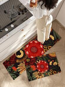 1/2pcs Bohemian Style Floral Kitchen Mat Set, Modern Country Style Floral Kitchen Rug And Mat, Non-Slip Washable, Suitable For Spring/Summer Bohemian Style Kitchen Long Rug, Rubber Bottom Support - Multicolor - View 5