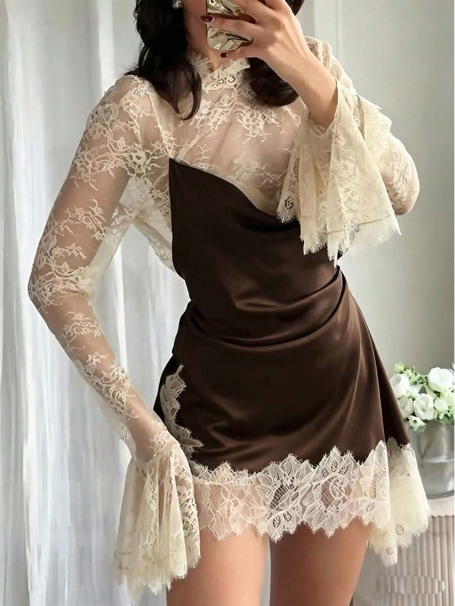 女款性感蕾絲拼接泡泡袖迷你洋裝,撞色優雅時尚派對雞尾酒洋裝,棕色 - 棕色 - 查看 1