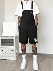 Manfinity Hypemode Men's Letter Graphic Pocket Loose Fit Bib Overalls Shorts - 黑色 - 查看 8