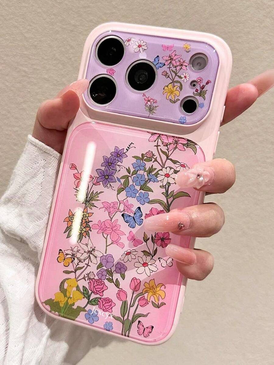 Cute Colorful Dopamine Flower Bow Painted Lens Pattern Pink & Purple Contrast Design Phone Case, Compatible With IPhone 17 Pro Max, 16, 15, 14 Pro Max, Vibrant Artistic Large Window Shockproof Protective Cover - Pink and Purple Flowers - View 1