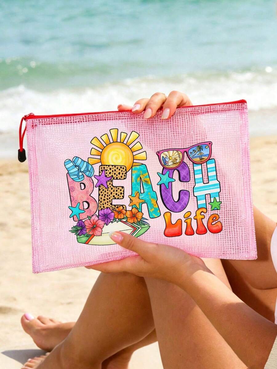 Beach Life 海灘風網格收納袋 | 透氣防水拉鍊袋,適用於海灘/泳池/旅行,海灘風印花收納袋,海灘度假網格袋,透氣防水游泳與盥洗袋 - 彩色 - 查看 1