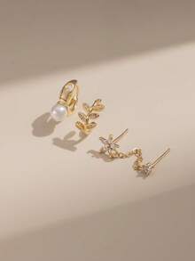 Nooxian 3pcs Gold-Tone Earring Set: Rhinestone Leaf Ear Cuff + Floral Zirconia Tassel Chain Earrings + Pearl Pendant Hoop Earrings, Luxury Layered Design - Yellow Gold - View 5