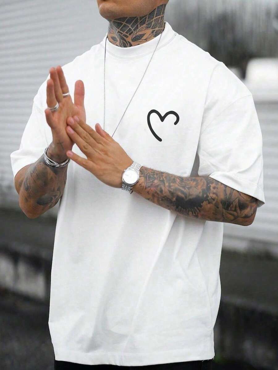Hombres Camiseta con estampado de corazón - Blanco - Ver 1