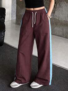 1pc Girls Teenager Casual Loose Straight Leg Wide Leg Pants With Side Stripe Design, Relaxed Outdoor Sports Style, Versatile Daily Commute Long Trousers - Brown - View 8