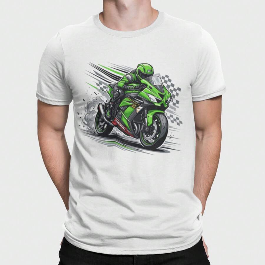 Vintage Green Kawasaki ZX Motorcycle T-Shirt | Superbike Racing Graphic Apparel - Summer Tops - 白色 - 查看 1