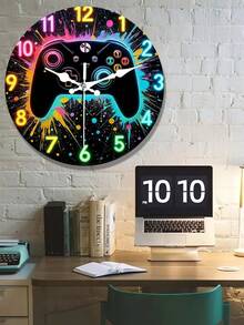 1 Stück Neon Licht Spielkontroller geformte Wanduhr - Farbenfrohe Retro Gaming Dekoration - Geeignet für Wohnzimmer, Schlafzimmer, Büro - Geschenk für Gamer, runde 2D Holz Wanduhr - Verschiedenfarbig - Übersicht 2