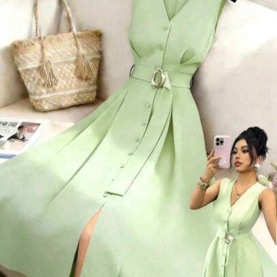 Nuevo cárdigan sin mangas con cuello en V tejido con decoración de anillo metálico para mujer, elegante vestido largo ajustado y versátil . - verde menta - Ver 1