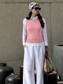 Women's Tank Top Vest, Water Bottle Style, Modal Knit, Winter/Summer Fitted Layering, Basic - Baby Pink - View 2
