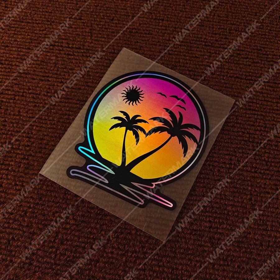 1 pieza Pegatina de vinilo con escena tropical de palmera y puesta de sol en la playa, calcomanía de escena oceánica para coche, motocicleta, portátil, decoración
