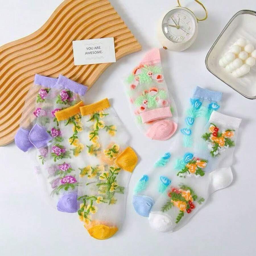5pairs Women's Cute Lace Edge Transparent Breathable Short Socks - Multicolor - View 1