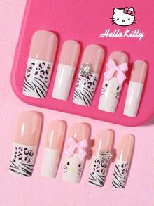 Sanrio Hello Kitty 24片中號正方形豹紋與白色法式穿戴甲，附Hello Kitty、星星、蝴蝶結設計，壓克力假指甲套組，含1片果凍膠與1片指甲锉，適合Sanrio女孩日常、派對與聚會 - 彩色 - 查看 2