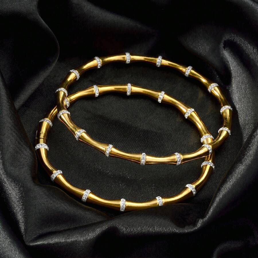 2pcs Elegant Exquisite 18K Gold Plated Stainless Steel White Zirconia Bamboo Knot Bangle Bracelet For Women, Suitable For Daily And Party Wear, Perfect Gift - Gold - View 1