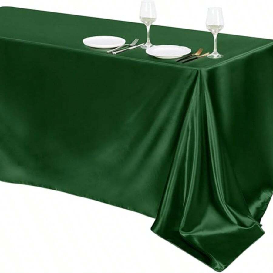 1pc Solid Deep Purple Satin Tablecloth, Rectangular Shiny Satin Tablecloth, Smooth Fabric Tablecloth, Suitable For Weddings, Banquets, Parties - Dark Green - View 1