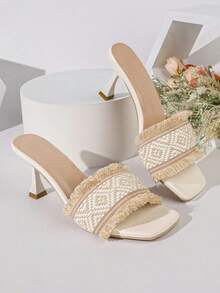 Women Open Toe Heels, Slip On Slide Sandals With Front Strap - White - View 4