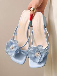 Sandal nữ cao gót vừa 2025 mùa hè mới kiểu Pháp, gót dày, đính ngọc trai hoa, một quai, hở mũi, đa năng - Màu xanh lam - Xem 6